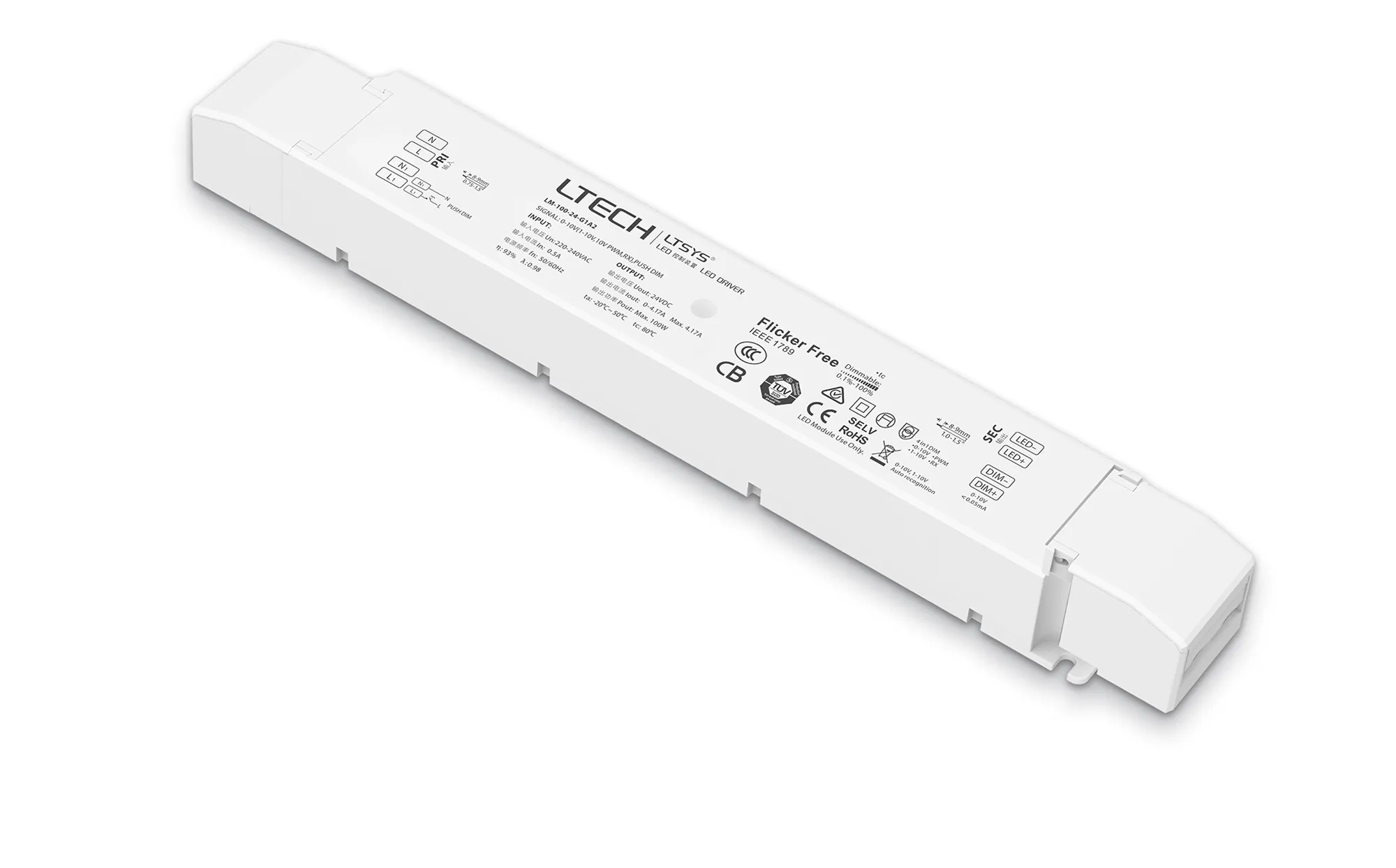 LM-100-24-G1A2  0-10V/1-10V/10V PWM/RX/Push DIM, 0-100% Dim, CV 100W, 24Vdc 4.17A, 200-240Vac, IP20, 5yrs Warranty.